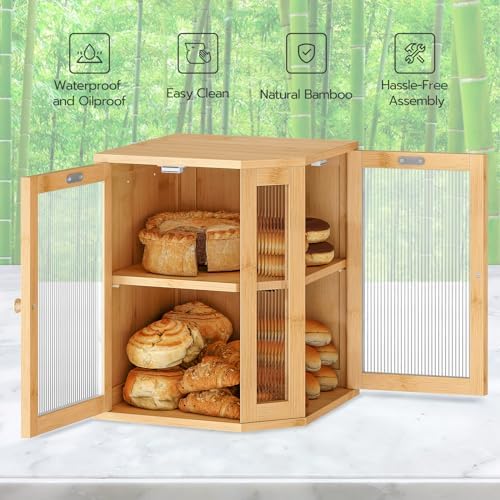 HOOBRO Bamboo Bread Box, Kitchen Countertop Corner Bread Box, Large Capacity 2-Tier Bread Container, Bread Storage Container with Dual Rippled Acrylic Doors, for Kitchen Food Storage, Natural YL12MB01 - Image 5