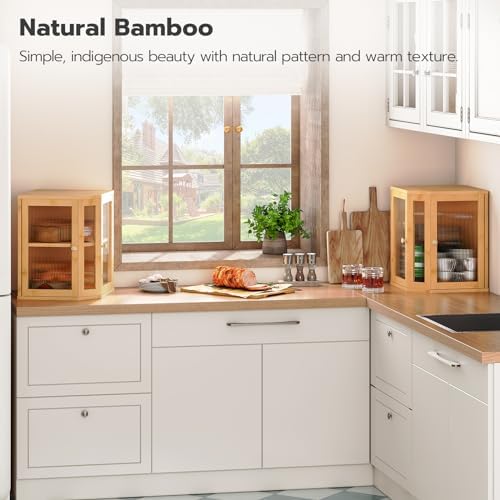 HOOBRO Bamboo Bread Box, Kitchen Countertop Corner Bread Box, Large Capacity 2-Tier Bread Container, Bread Storage Container with Dual Rippled Acrylic Doors, for Kitchen Food Storage, Natural YL12MB01 - Image 7