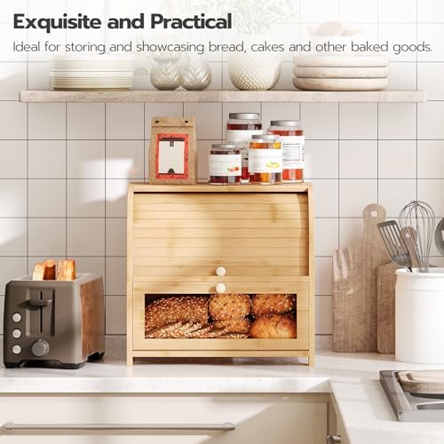 HOOBRO Bread Box, Bamboo Bread Box for Kitchen Countertop, 2 Tier Roll-Top Bread Bin, Food Storage Box, Large Capacity Keeper, Wooden Storage Cabinet, for Kitchen, Dining Room, Natural YL13MB01 - Image 3
