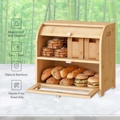 HOOBRO Bread Box, Bamboo Bread Box for Kitchen Countertop, 2 Tier Roll-Top Bread Bin, Food Storage Box, Large Capacity Keeper, Wooden Storage Cabinet, for Kitchen, Dining Room, Natural YL13MB01 - Image 4