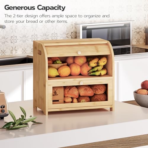 HOOBRO Bread Box, Bamboo Bread Box for Kitchen Countertop, 2 Tier Roll-Top Bread Bin, Food Storage Box, Large Capacity Keeper, Wooden Storage Cabinet, for Kitchen, Dining Room, Natural YL13MB01 - Image 5