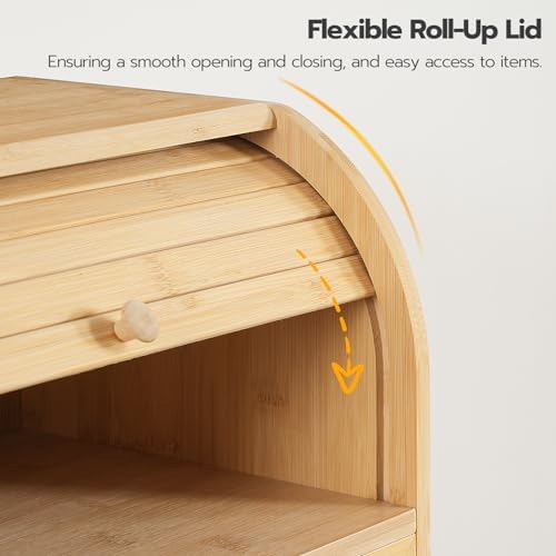 HOOBRO Bread Box, Bamboo Bread Box for Kitchen Countertop, 2 Tier Roll-Top Bread Bin, Food Storage Box, Large Capacity Keeper, Wooden Storage Cabinet, for Kitchen, Dining Room, Natural YL13MB01 - Image 6