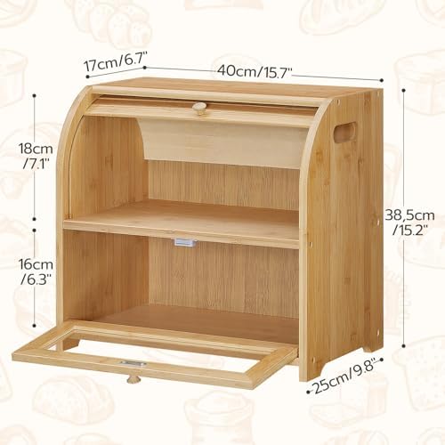 HOOBRO Bread Box, Bamboo Bread Box for Kitchen Countertop, 2 Tier Roll-Top Bread Bin, Food Storage Box, Large Capacity Keeper, Wooden Storage Cabinet, for Kitchen, Dining Room, Natural YL13MB01 - Image 7