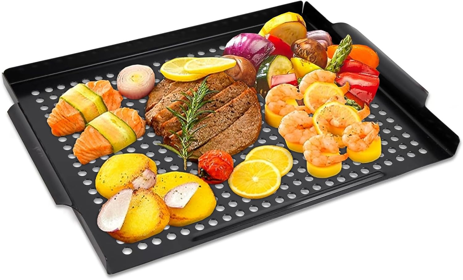 MEHE Vegetable Grill Basket,Nonstick Grill Pan 14.6 "x11.4 Thicken Grilling Topper BBQ Accessory for Grilling Veggie, Fish, Shrimp, Meat, Camping Cookware (No Hand)